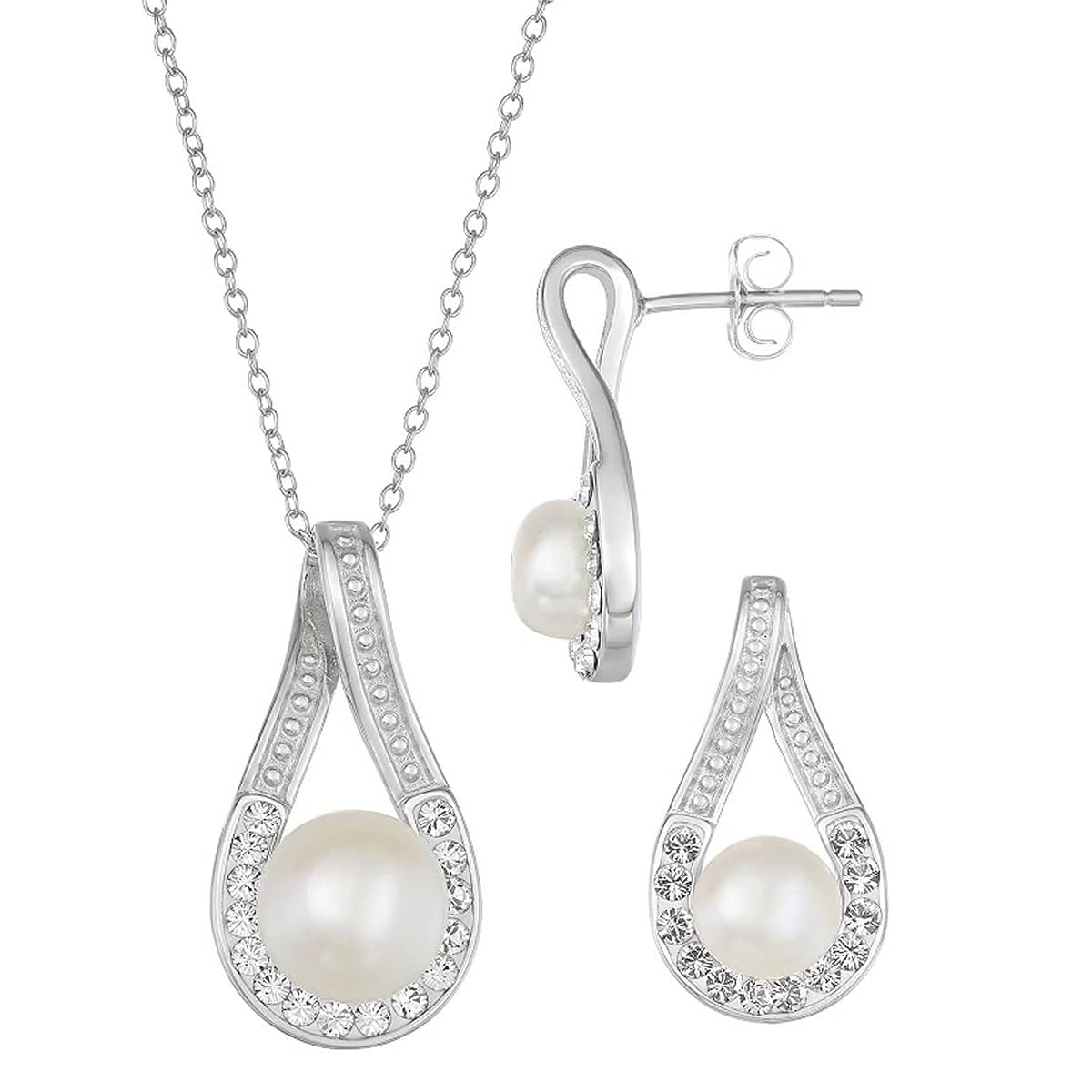 PTM 925 Sterling Silver Pearl & Crystal Teardrop Pendant Necklace & Earrings Set | Jewellery Set Gifts for Girls and Women | With 925 BIS Hallmark Stamp & Certificate of Authenticity