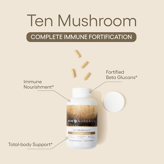EcoNugenics Ten Mushroom Supplement: Daily Immune Support, 120 Capsules Lions Mane, Reishi, Cordyceps, Turkey Tail Energy, Gut Health, Liver, Kidney, Cholesterol & Nootropic Brain Support