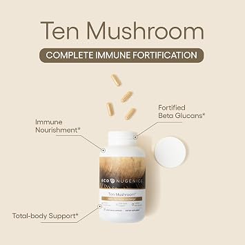 EcoNugenics Ten Mushroom Supplement: Daily Immune Support, 120 Capsules Lions Mane, Reishi, Cordyceps, Turkey Tail Energy, Gut Health, Liver, Kidney, Cholesterol & Nootropic Brain Support