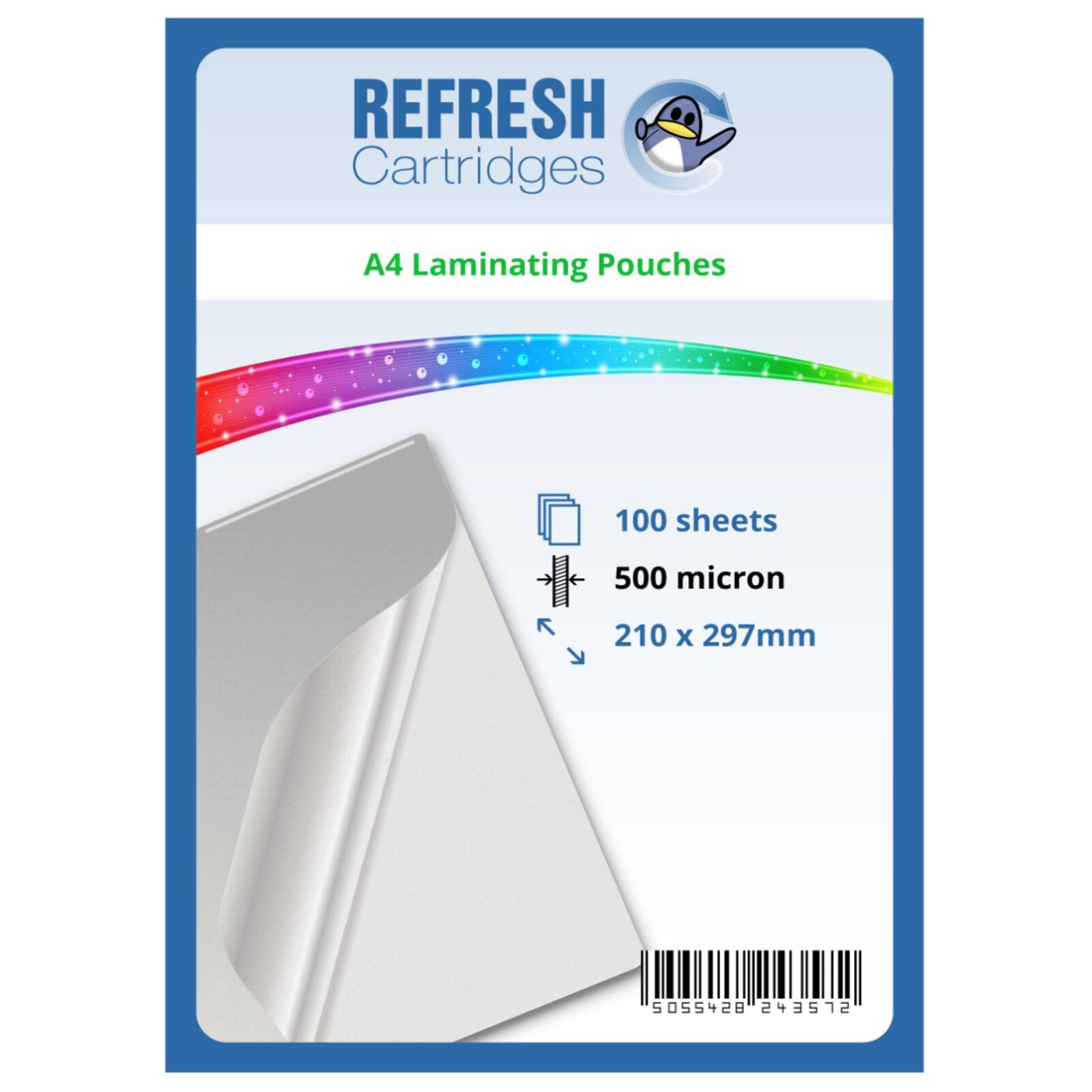 Refresh Cartridges Glossy Laminating Pouches A4 500 Micron Pack of 100 Sheets
