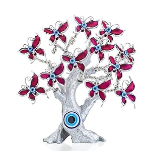 9.8inch Turkish Nazar Blue Evil Eye Tree with Butterflies Lucky Fortune Tree Bonsai Decorative Showpiece Home Office Protection Decor Gift