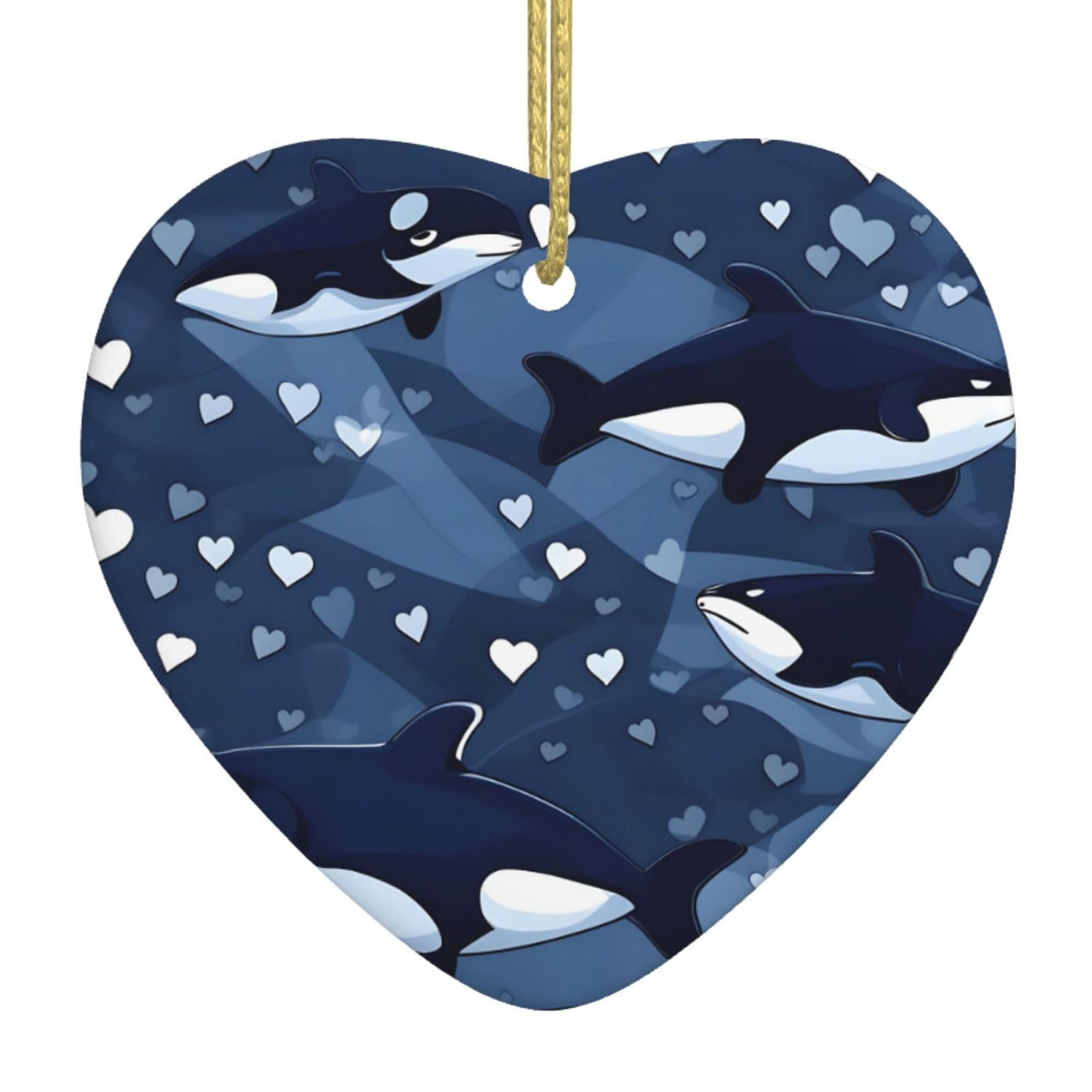 Blue Killer Whale Ceramic Christmas Heart Pendant with Silk Thread, Christmas Tree Home Decoration