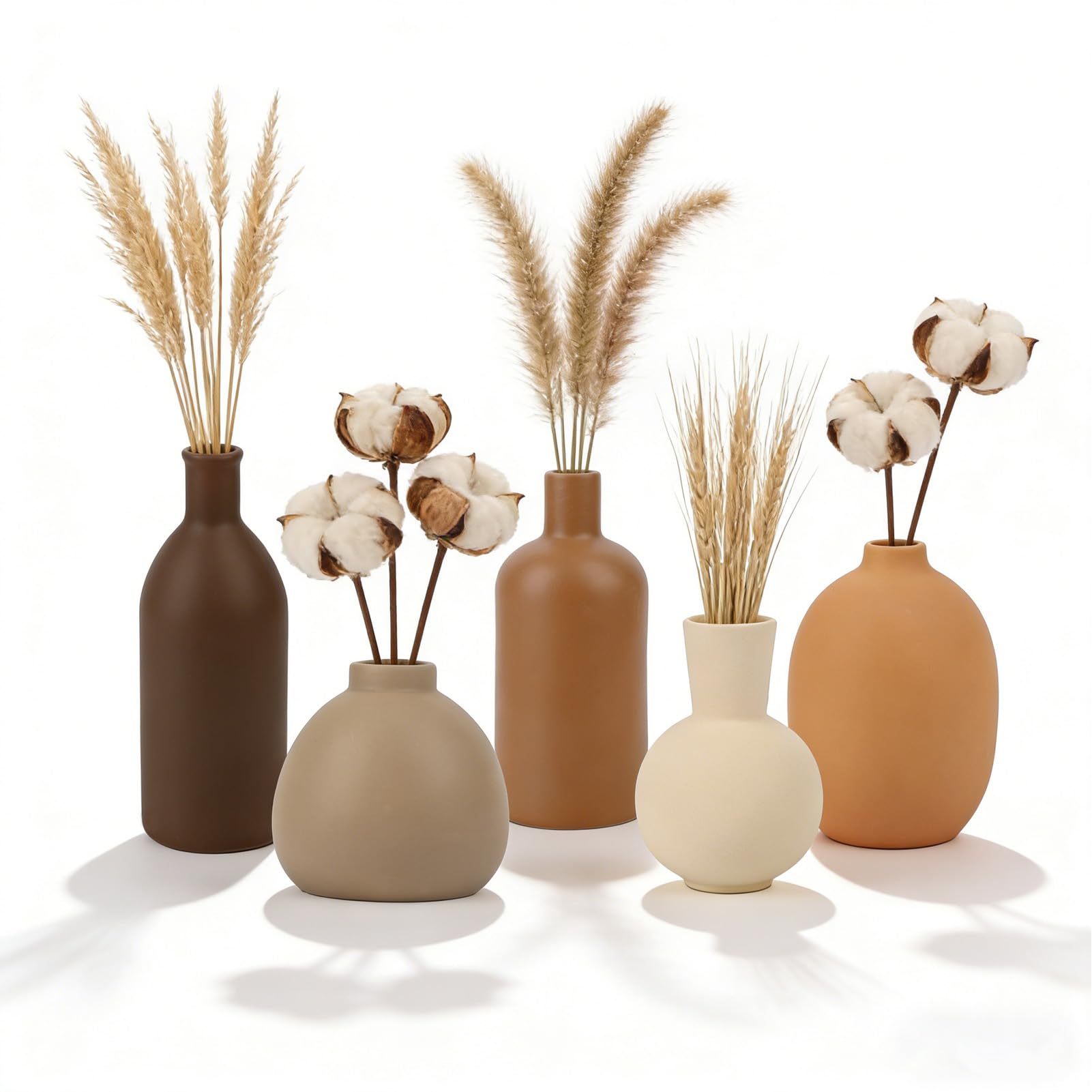 Zestaw 5 ceramicznych wazonów, neutralne odcienie ziemi, nowoczesna dekoracja boho do salonu, kominka, wejścia, ręcznie wykonane, matowe, wodoodporne, sztuczne kwiaty,