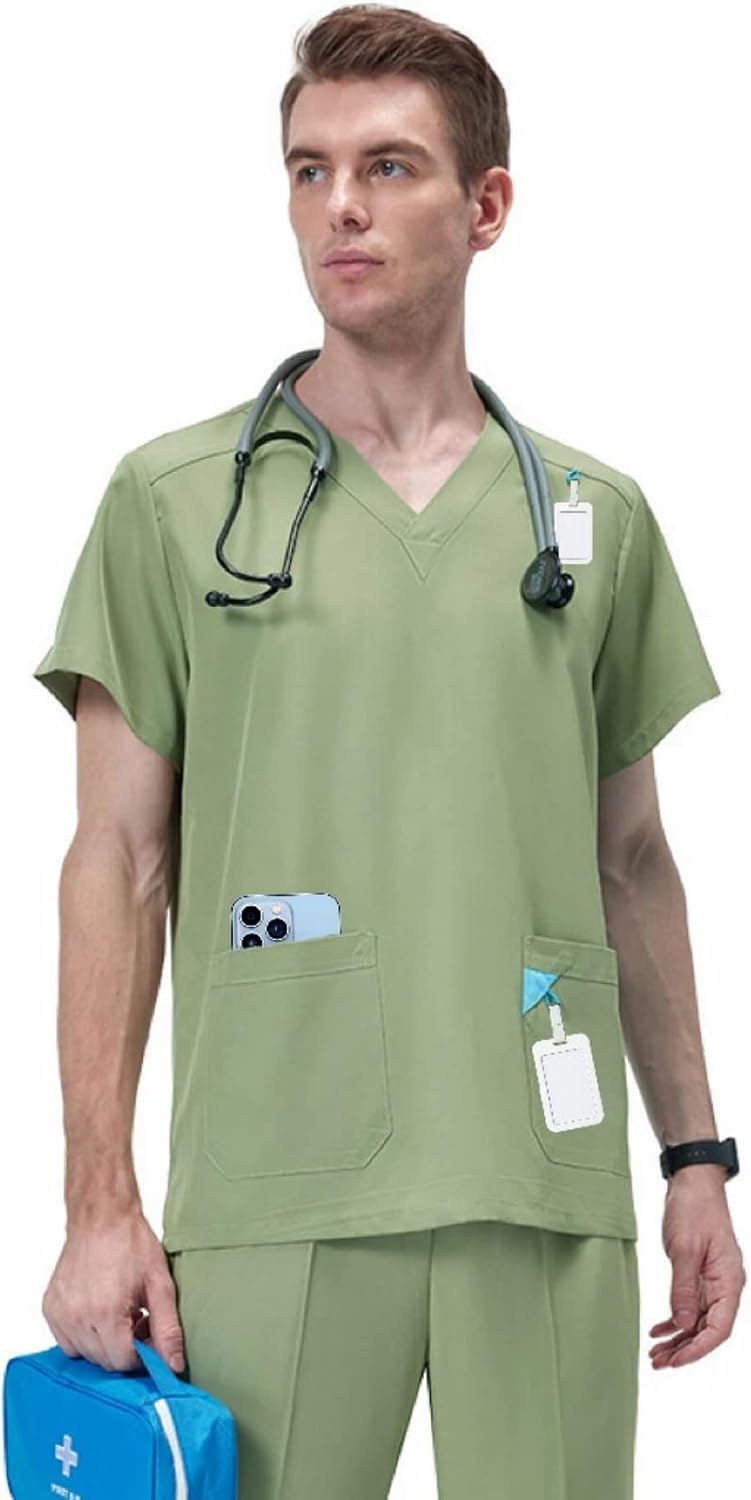 Scrub Set For Men,V-Neck Operating Room Uniforms,Loose Fit Top and Pants Set with Pockets