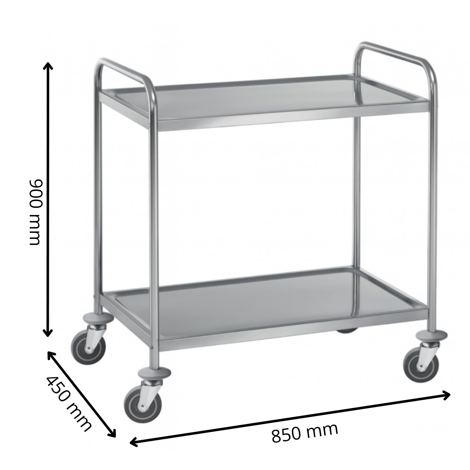 Carrello di servizio INOX – 2 vassoi – 85 x 45 x 90 cm – Ruote girevoli a 360° – Maniglie ergonomiche – Facile da pulire