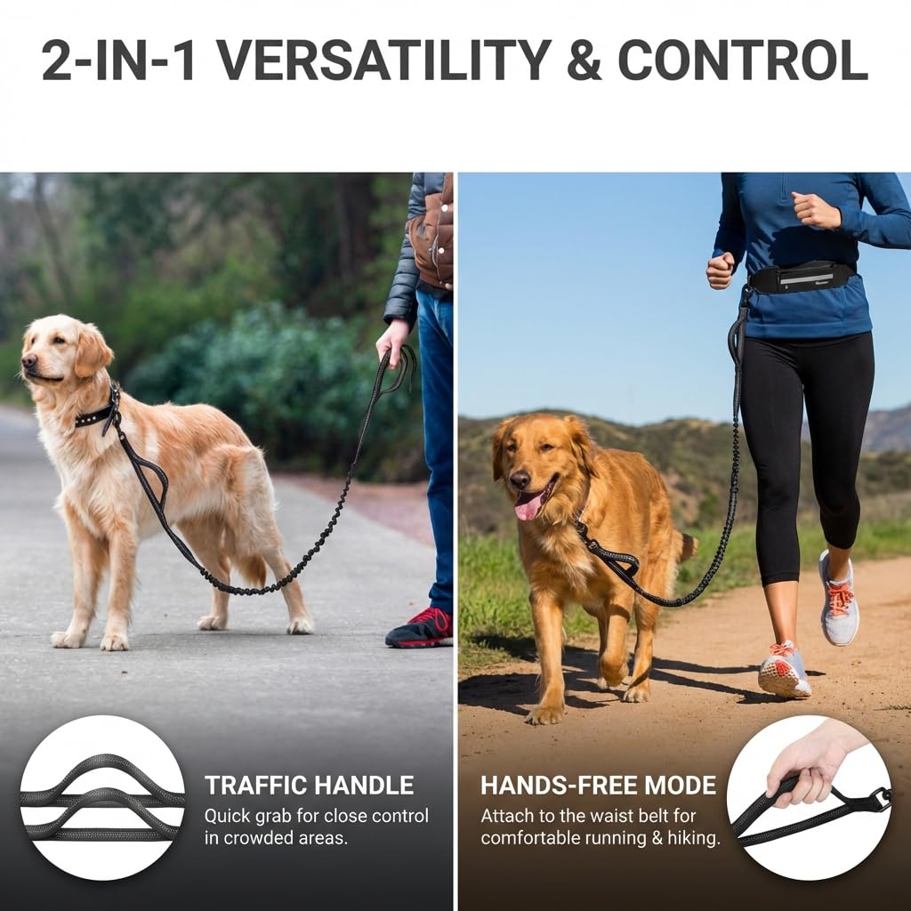 Tails & Tales Correa para perro manos libres con riñonera, asas acolchadas dobles y tira reflectante, elástica que absorbe los golpes para perros grandes y medianos de hasta 100 libras, correr