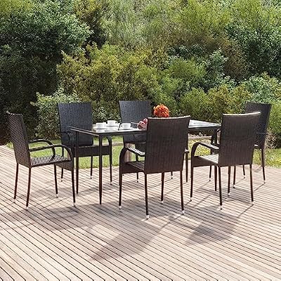 HXUHUWS Durable 7 Piece Outdoor Patio Dining Set, Weather-Resistant Rattan Chairs and Glass Table, Space-Saving Design