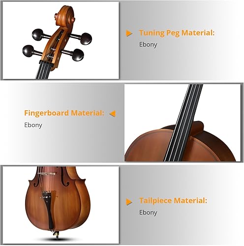 Miniatura 4 de Kit de violonchelo acústico 4/4 para adultos, principiantes, juego completo de violonchelo de tamaño completo con bolsa portátil, arco, colofonia