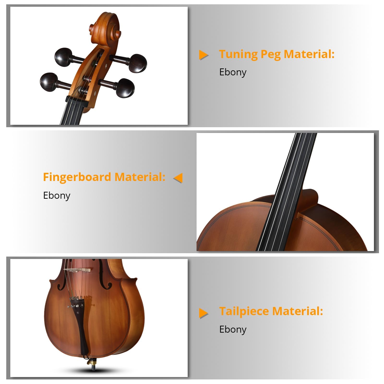 4/4 Acoustic Cello Kit for Adults, Beginners, Complete Full Size Cello Set with Portable Bag, Bow, Rosin, Matte Natural