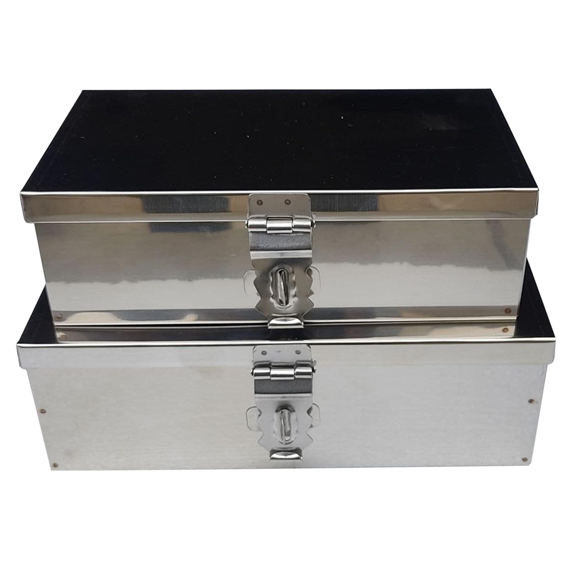 Stainless Steel Storage Boxes Cash Peti Pooja Peti Organizer Vanity Box Safe Locker Box Set of 2 Pieces 7" and 8"-image-42