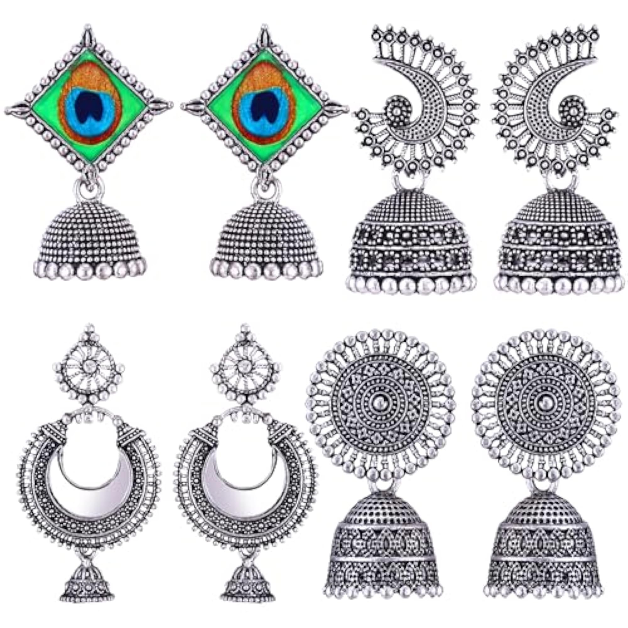 Women's Oxidised Silver Traditional Jhumka Earrings with Pearl Accents