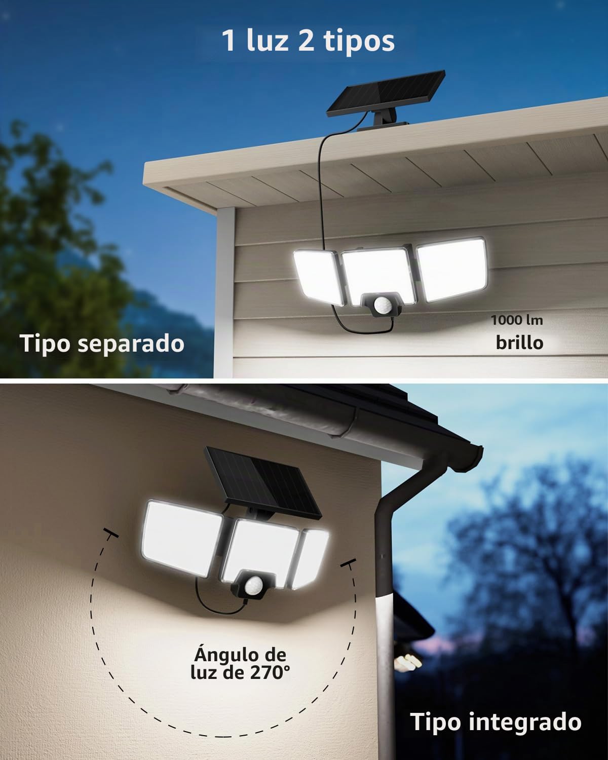 Lepro Luz Solar Exterior Detector de Movimiento, 2 en 1, Control Remoto Separado e Integrado, Foco Solar Exterior Impermeable IP65 con 2 Modos de Luz, 3 Cabezales, Reflector Solar para Jardín, 2Pcs