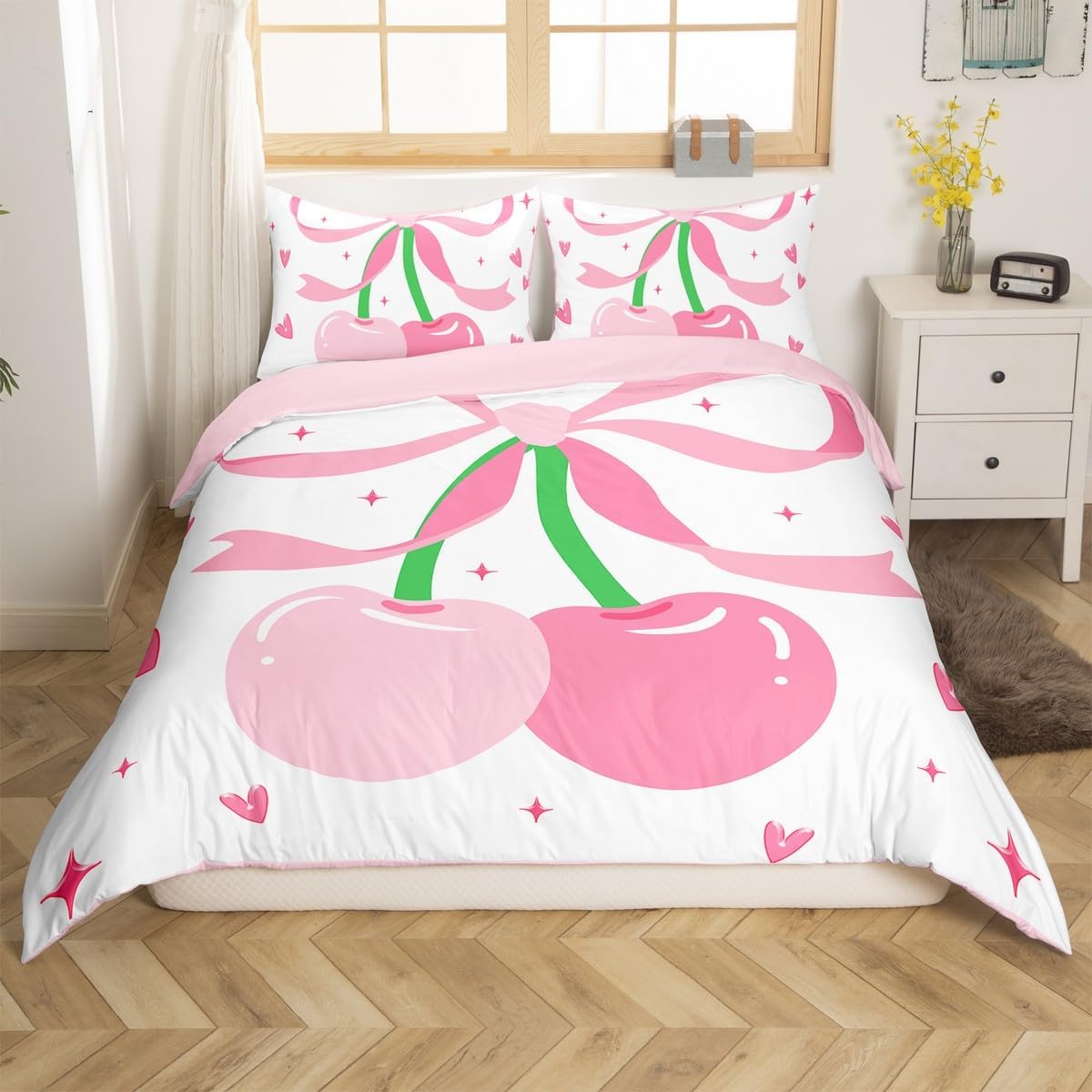 Erosebridal Girls Cartoon Bowknot Comforter Cover Toddler,Hand Drawn Love Heart Bed Set for Kids Teens,Cherry Coquette Quilt Cover,Glitter Stars Duvet Cover with Zipper Closure