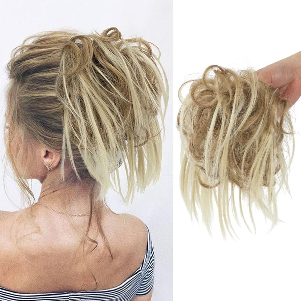 KETHBE Messy Bun Hair Piece,Synthetic Tousled updo Short Ponytail Faux Hair Scrunchie with Elastic Rubber Band Fake Hair Bun for Women (Light Golden Brown Mix Bleach Blonde)