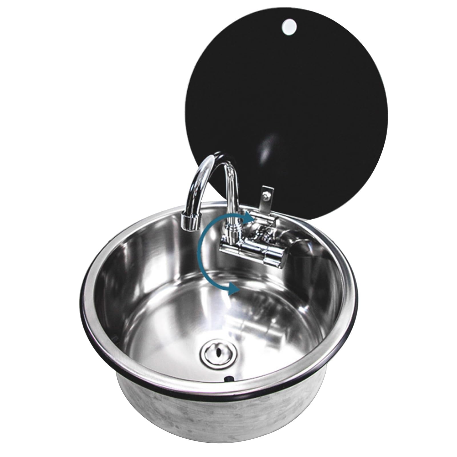 Lavello Da Cucina Pieghevole Con Coperchio Ribaltabile - Lavello Tondo In Acciaio Inox A Vasca Singola Per Camper, Furgone, Camper, Lavamani Con Rubinetto Per Uso Domestico
