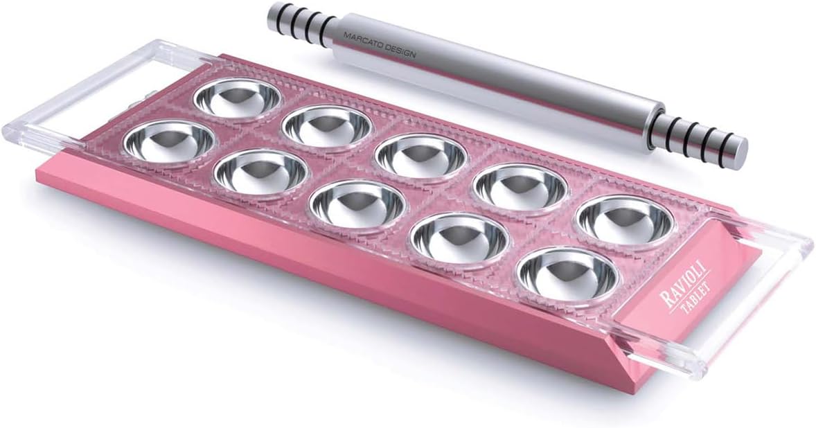 Marcato Ravioli Maker Press, Ravioli Machine, Homemade Ravioli Cutter, 50 mm Square Cut, Aluminum Rolling Pin Included, Made in Italy. Model: Ravioli Tablet, Pink