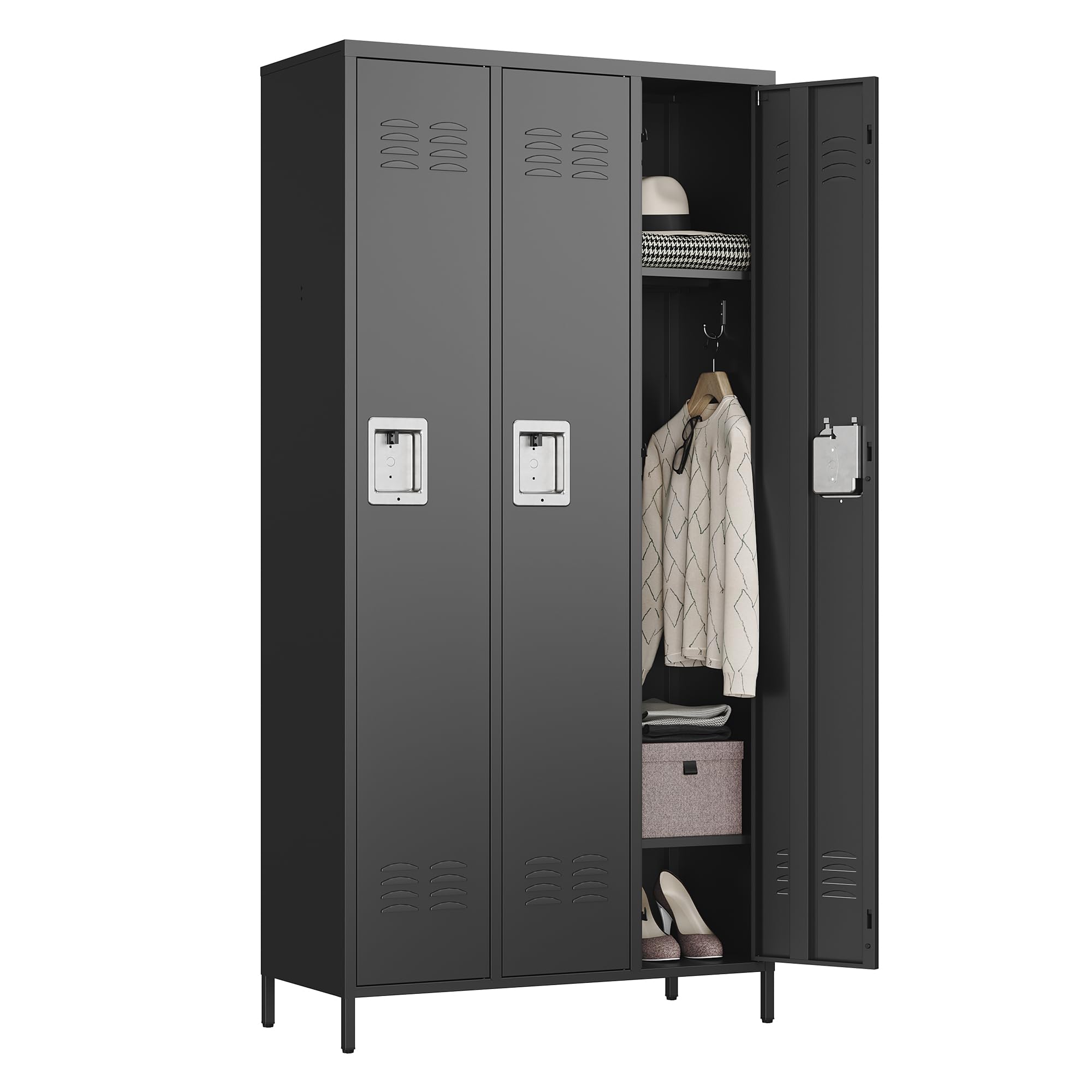 Letaya Metal Lockers for Employees-3 Door Storage Locker with Shelves and Lockable Steel Cabinet for School,Gym,Office,Staff(Black, 3 Door)