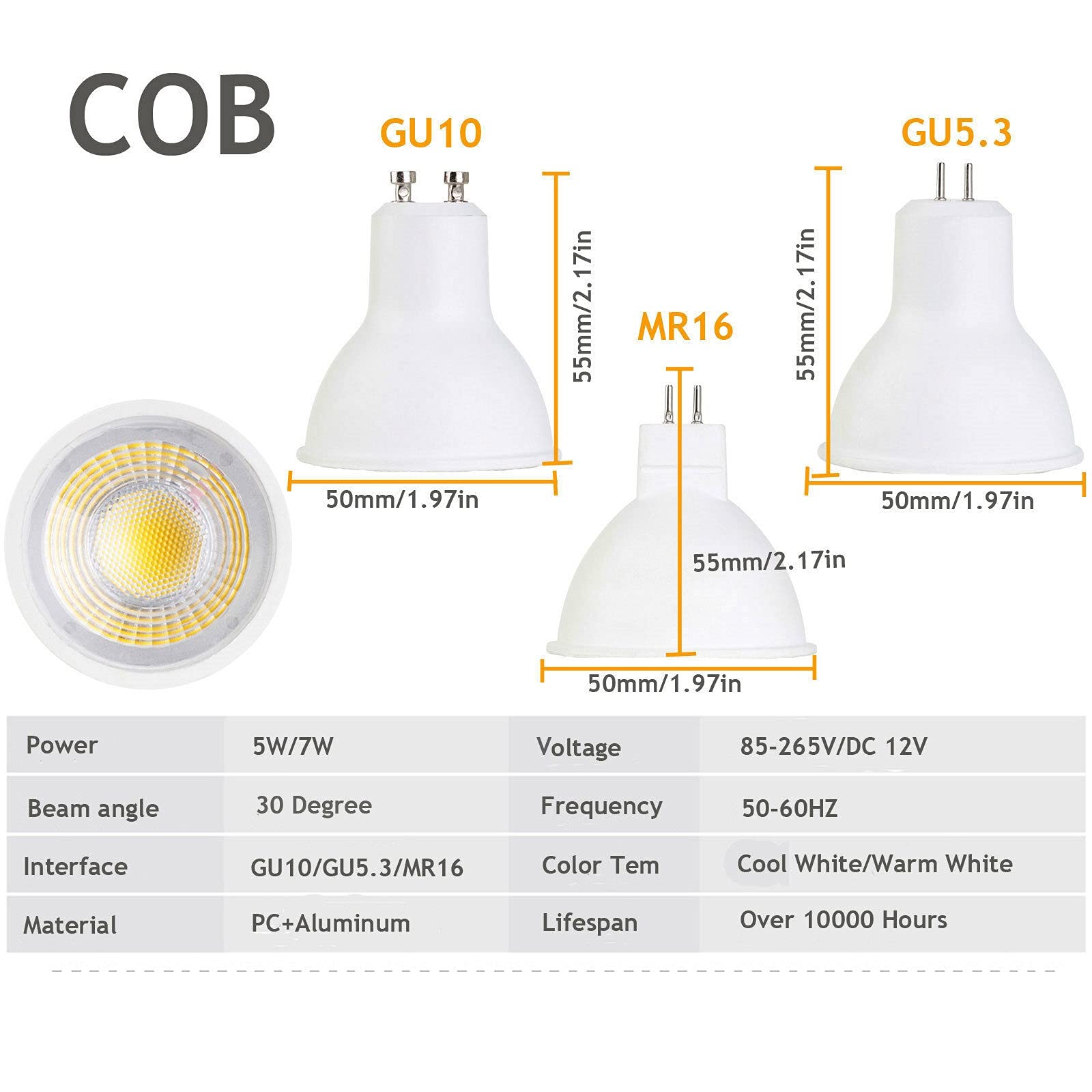 fengyan Casa bombillas 10pcs 5W 7W LED Bombillas del punto GU10 GU5.3 MR16 COB SPOLight Lámpara brillante fresco blanco caliente blanco for la oficina en casa 110V 220V DC12V Familiar Lámpara