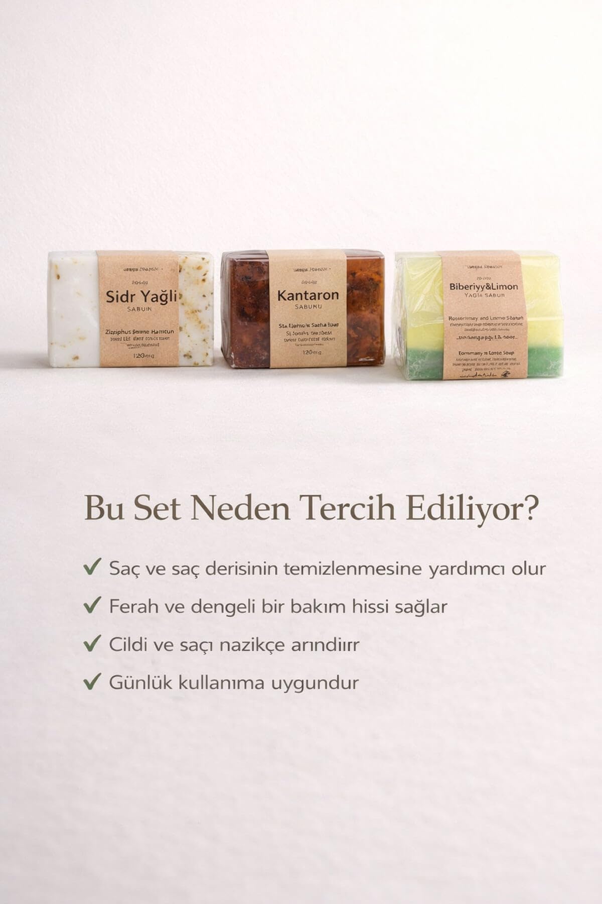 Saç ve Saç Derisi Bakımı için Onarıcı Doğal Sabun Seti, Kepek Karşıtı, Sidr Kantaron Biberiye Limon