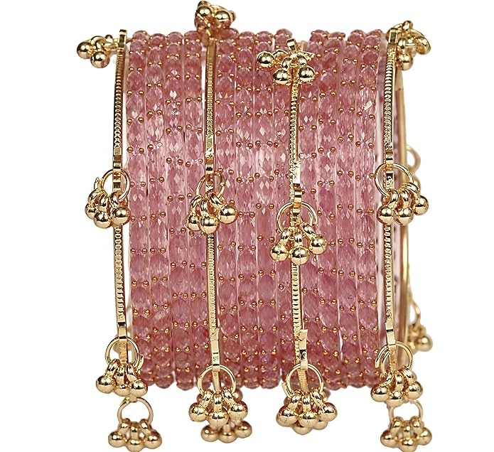 Pastel Pink Glass Chura Set with Gold-Toned Metal Kadas, Crystal-Cut Bangles, Ghungroo Charms, for Brides and Festive Occasions-image-23