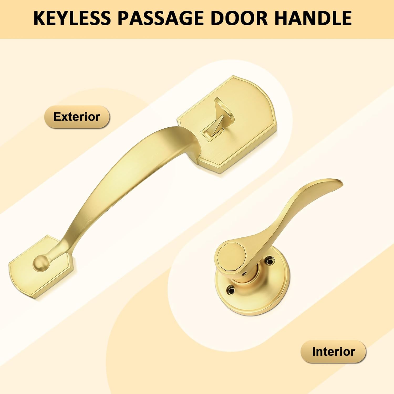 Probrico Brushed Gold Front Door Handle, Heavy Duty Exterior Door Handle with Reversible Lever, Satin Gold Entry Lock Grip Handle with Wave Lever, Keyless Door Locks in Camelot Look, 1Pack