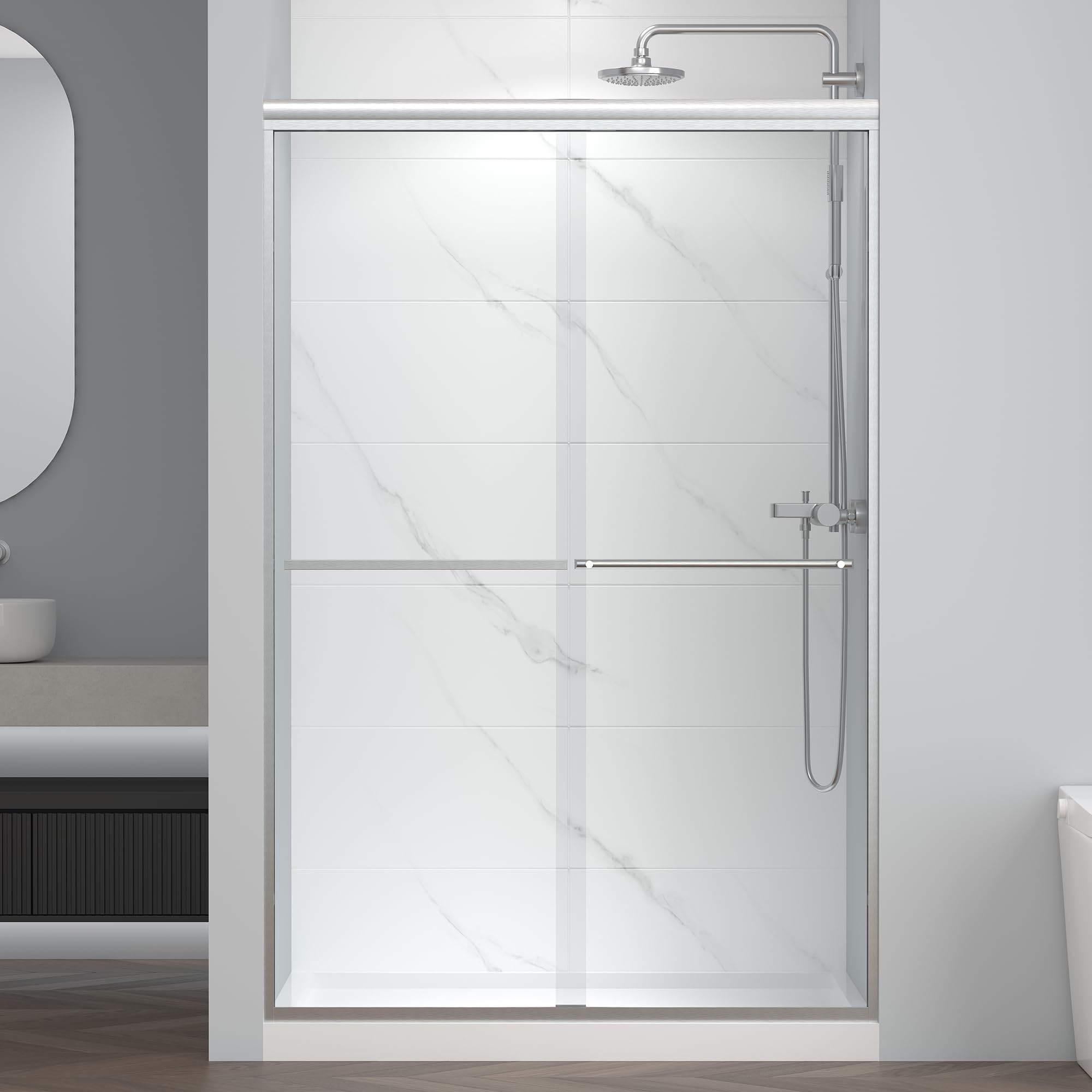 44-48" W x 72" H Semi-Frameless Bypass Sliding Shower Door, Easy Clean Treated Clear Tempered Glass, Brushed Nickel