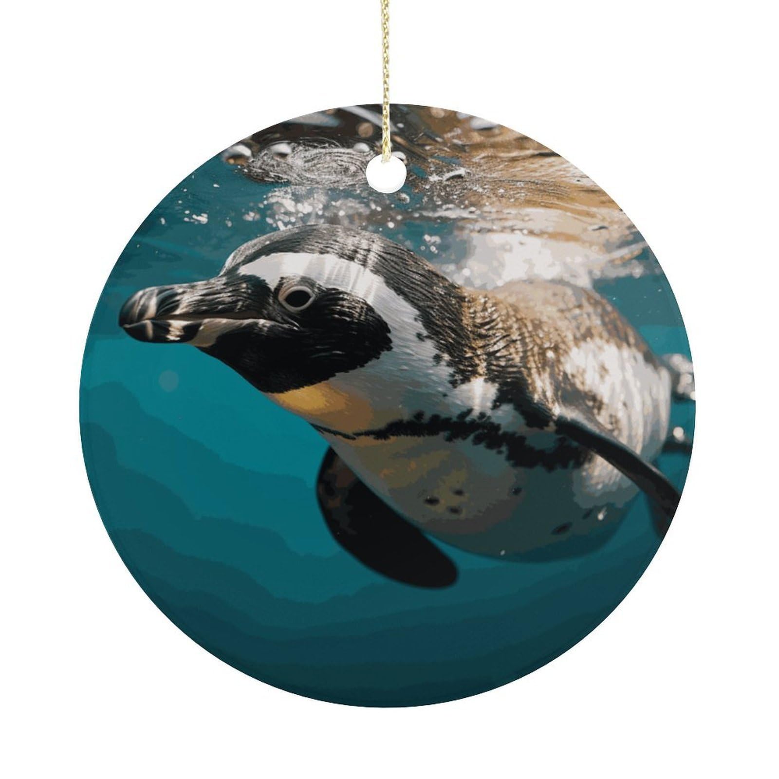 Penguin Swimming in The Ocean Christmas Ornaments Colorful Round Ceramic Ornament Christmas Hanging Decor Christmas Tree Decorations Xmas Keepsake for Women Men Xmas Holiday Party