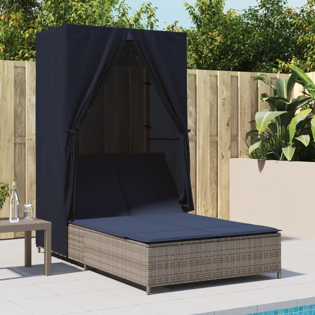Chaise longue double avec toit et rideaux en polyrotin gris, dossier réglable, résistant aux intempéries, avec coussin rembourré, ergonomique pour jardin, terrasse, balcon et piscine