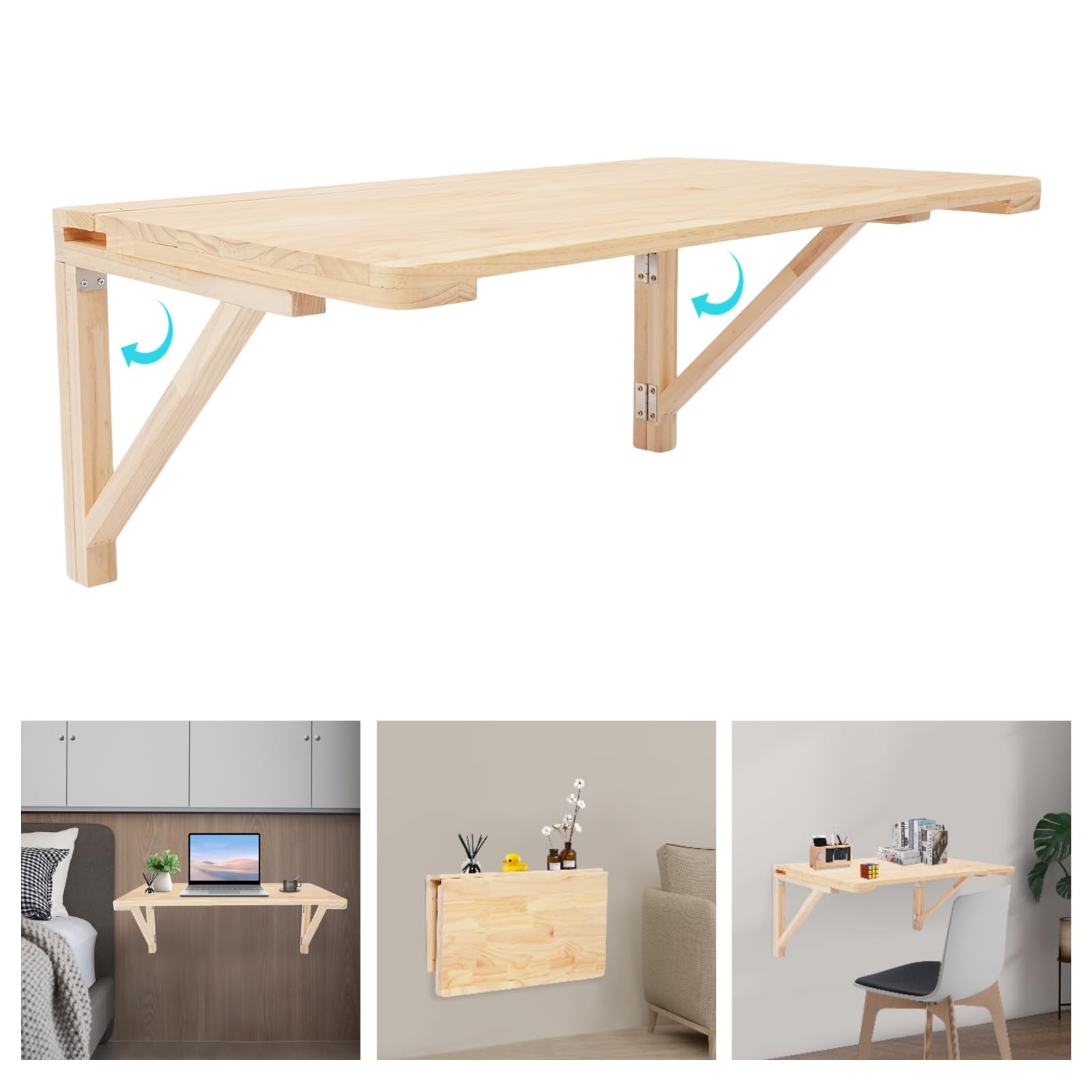 Mesa plegable de pared, de madera de pino, 60 x 40 cm, plegable y ahorra espacio, para oficina en casa, cocina, balcón, incluye accesorios de montaje (80 x 50 cm)