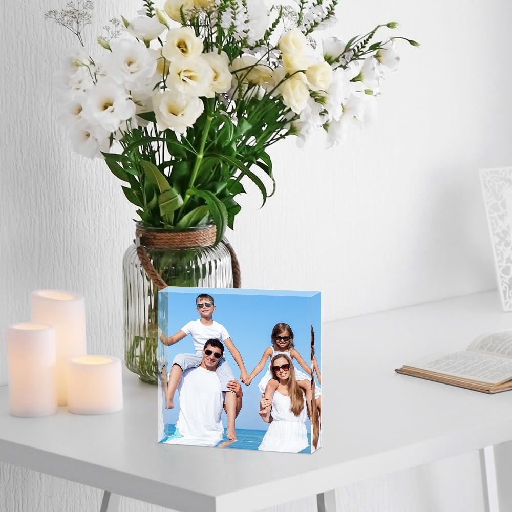 20x20cm Regalo Personalizado Placa de Foto en Acrílico Transparente. Cuadro foto, Placas Bloques Portafotos. Regalos Únicos para Familia, Amigos y Pareja. Perfecto para Cumpleaños, Aniversarios | Bloque conmemorativo individual de acrílico transparente pe