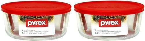 Pyrex Clear Plus - Plato de almacenamiento redondo de 7 tazas con cubierta de plástico rojo paquete de 2 recipientes