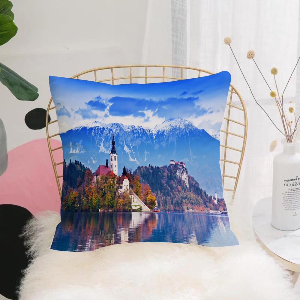 Hyosxw Landscape, Photo Of Bled In Slovenia With Sn - A1 Cushion Cover,Throw Pillow Case Home Decorative For Living Room Bedroom Sofa Chair 18X18 Inch,Landscape, Photo Of Bled In Slovenia With Snow-Capped Mountains In The Lake And,Pillowcase 45X45cm