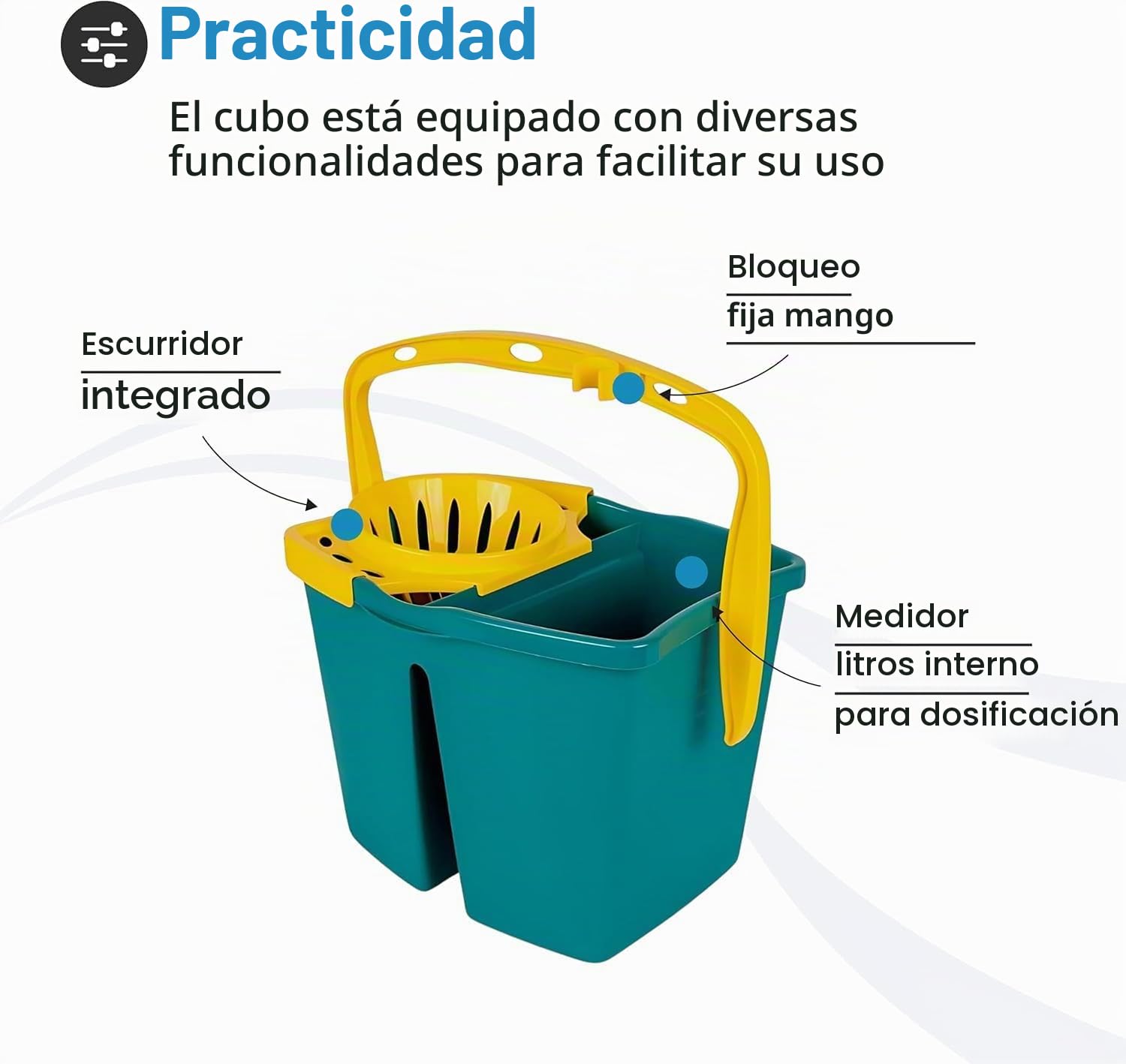 Tomaino - Cubo para fregar suelos con doble cubeta de plástico – Fregona de 7 litros con escurridor – 2 depósitos para agua limpia y sucia (cubo + 2 recambios de micorfibra)