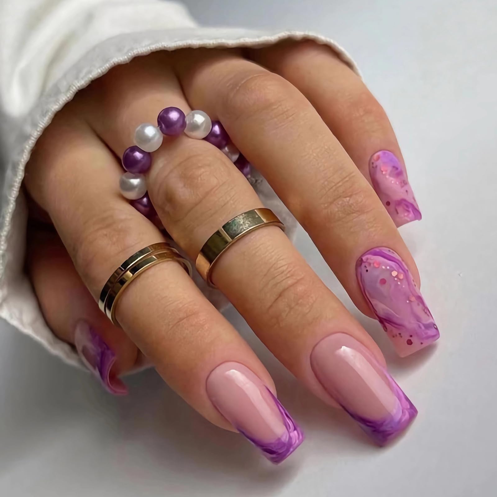 MISUD Press on Nails - Short Square Fake Nails with Matte Purple Ombre, Acrylic French Tip Design 24 pcs