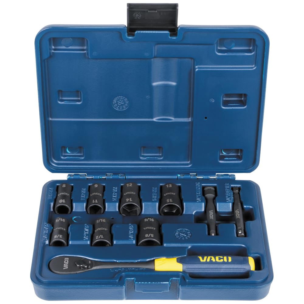 VACO VAC4102 10-częściowy zestaw nasadek udarowych 2 w 1, z etui, adapterami, grzechotką, 6 gniazd, 12 SAE i rozmiary metryczne do napędu 1/4 cala