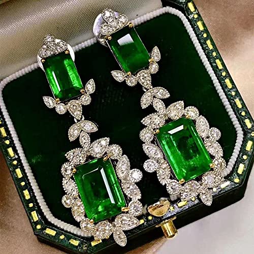 Vintage Fashion Ladies 925 Silver Natural Green Crystal Drop Earrings CZ Luxury Princess Cut Emerald Stud Earrings Wedding Engagement Party Fashion Jewelry Earrings CZC788 (Green Diamond)