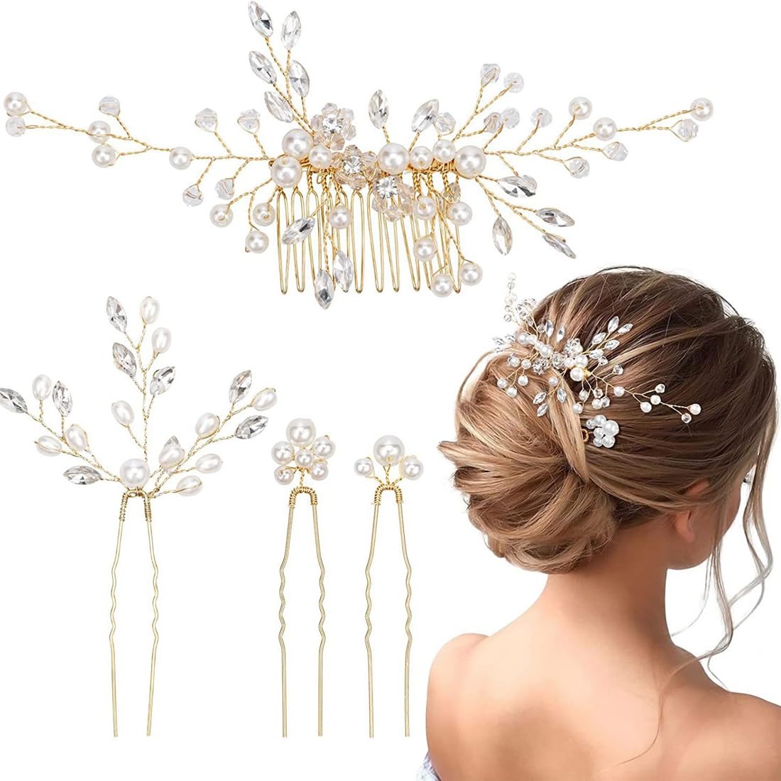 Accessori per Capelli Oro, 3 Pezzi Fermaglio Capelli Oro, Cristalli e Perle Pettine Sposa per Capelli, Accessori per Capelli Donna e Ragazze