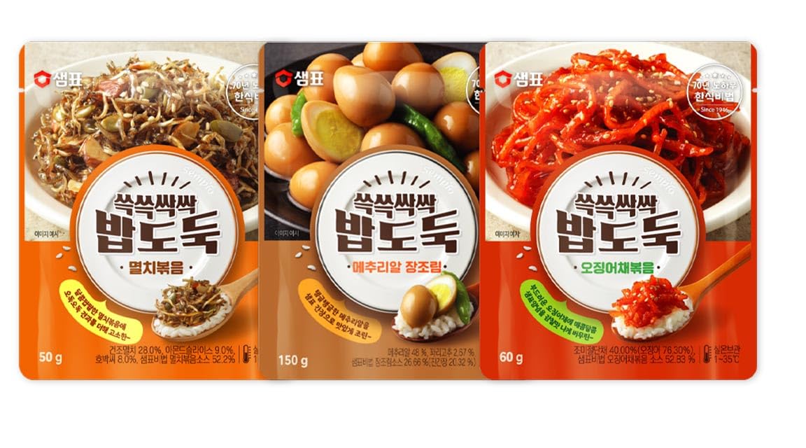 KOREAC_ [3packs] Braised,Spicy Stir-fry Dried Squid,Sweet stir-fry anchovies_(9.16 oz) 장조림 150g, 오징어채 볶음 60g, 멸치볶음 50g