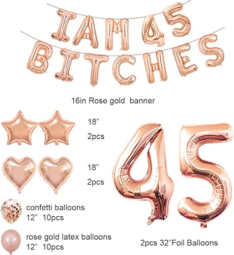 Miniatura 2 de Juego de fiesta de cumpleaños número 45, con texto en inglés "I am 45 Bitches" (Soy 45 Bitches), globos de confeti de oro rosa para niñas y mujeres,