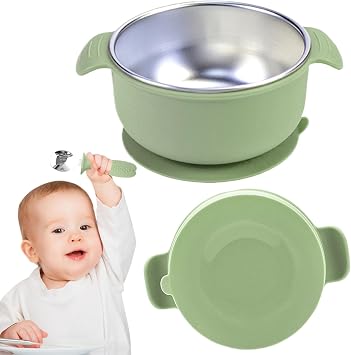 Baby Suction Bowls, Spill Proof Plates, Anti-Scald Food Containers, Stainless Steel Interior, Led Weaning Essentialed, Feeding Supplies for Toddler and Infanted, 15.5x15.5x6cm Light Pink Blue Green