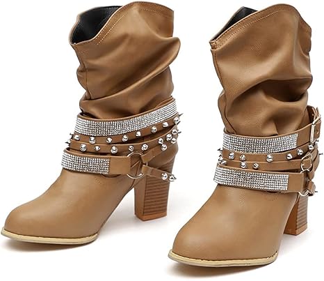 Amazon Co Jp ナイトブーツレディースヴィンテージプリーツバイカーアンクルブーツ ファッションシックヒールウエスタンシューズヨーロピアンアンドアメリカンスタイルショートブーツ イエロー 42 シューズ バッグ