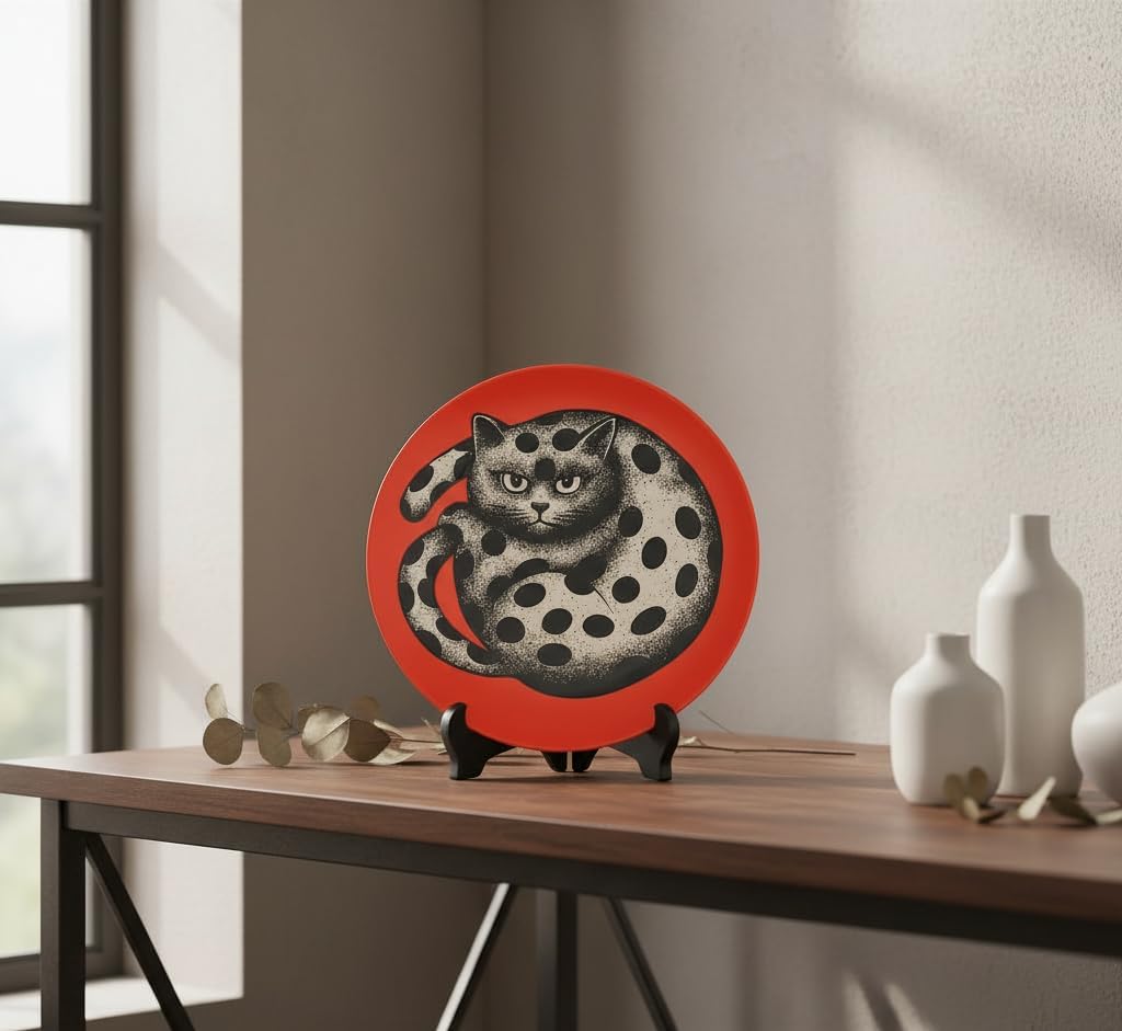 8″ Ceramic Decorative Wall Plate – Red & Black Italian-Style Modern Art Design, Elegant Tabletop or Wall Décor Accent, Gift-Ready with Hanging Hook & Wooden Stand – Black Panther image 5