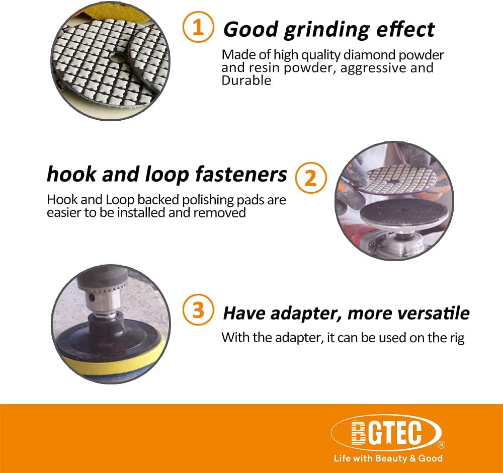 BGTEC 100mm Diamond Dry Polishing Pads for Granite Marble Mixed Grits 7pcs Pads with 1pc M14 Aluminum Backer - Image 5