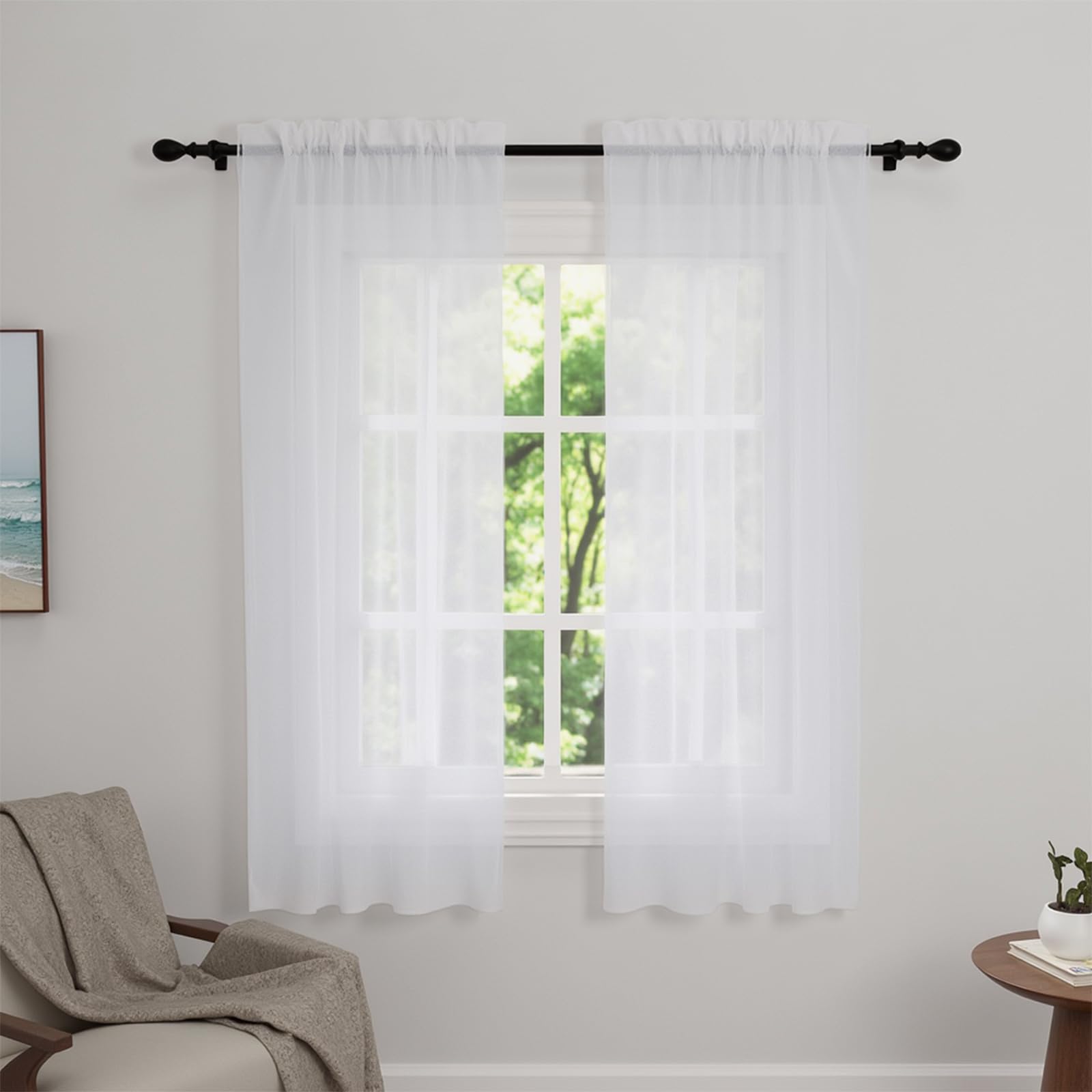 Net Curtains for Windows 45 Drop, White Slot Top Voile Curtains, Semi Transparent Sheer Curtain Net Curtain Panel for Living Room Kitcken W60xL45 Inch,2 Panels-image-10