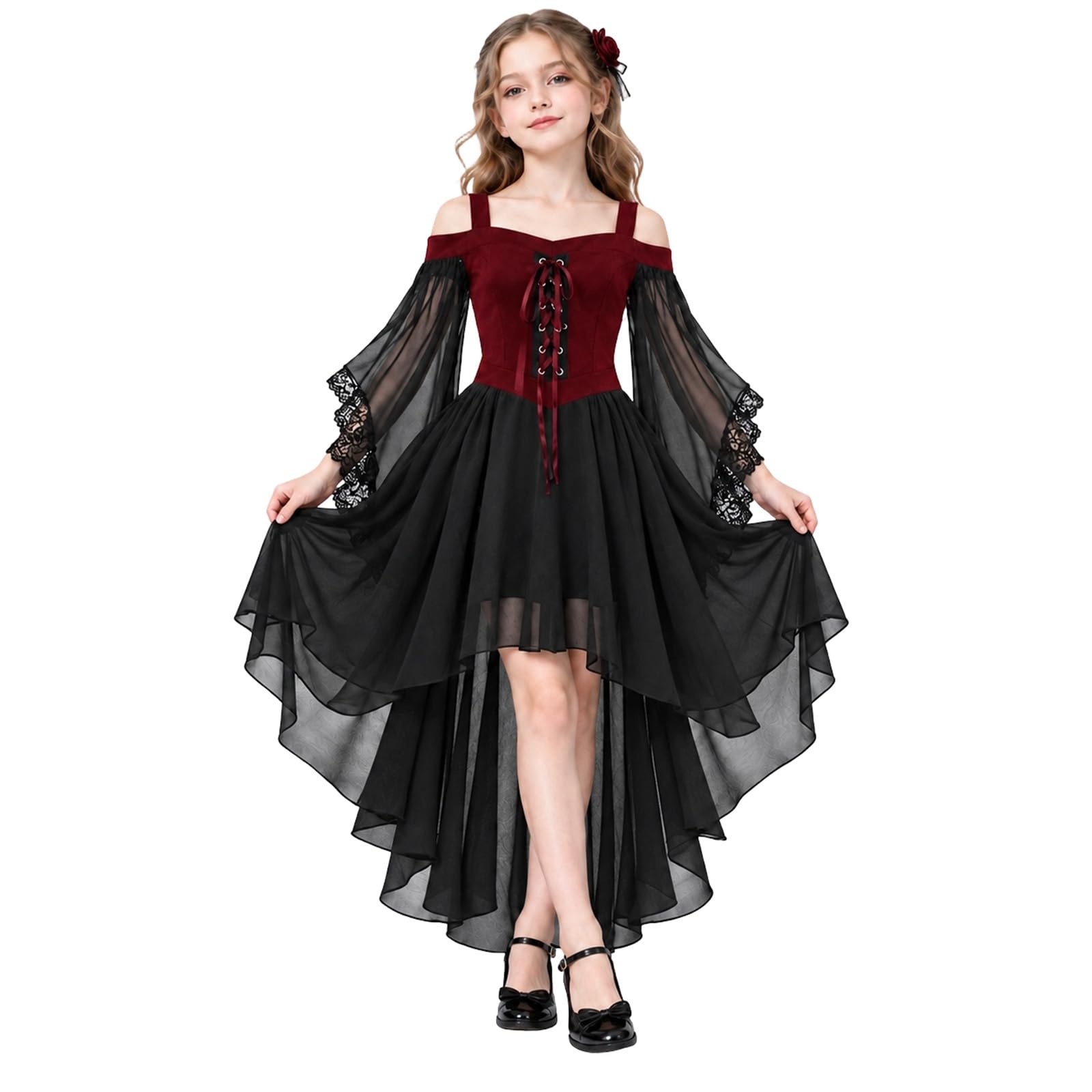 Girls Vampire Costume 7-12 Years, Halloween Vampire Lace Dress for Girls