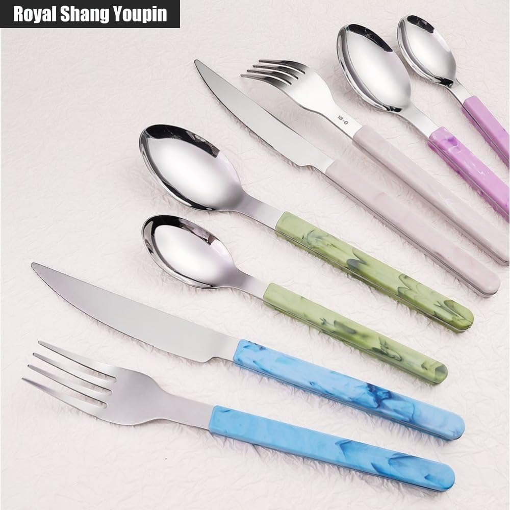 Retro Stile Cinese PP Maniglia Da Cucina in Acciaio Inox Argenteria Da Tavola Posate Set Di Posate Coltello Da Bistecca Forchetta Cucchiaio Cucchiaino (Blu,24 pezzi)