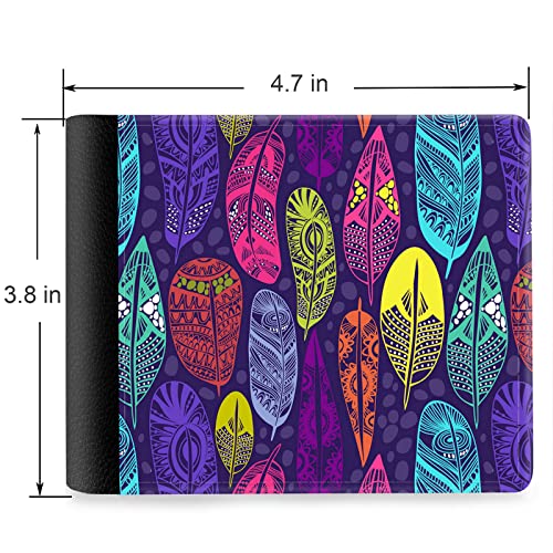 (Neon Feather Pattern-3 Front Pocket Slim Bifold Leather Wallet RFID Blocking with ID Window for Men2