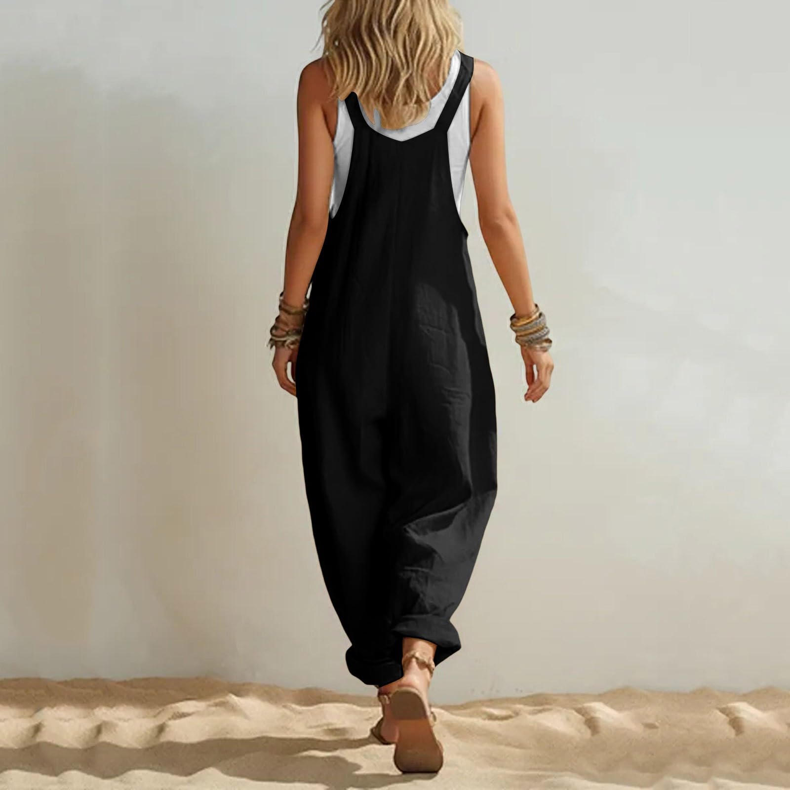 Salopette estive da donna a gamba larga, con tasche | Pantaloni estivi traspiranti, eleganti, senza maniche, per vacanze e uso quotidiano