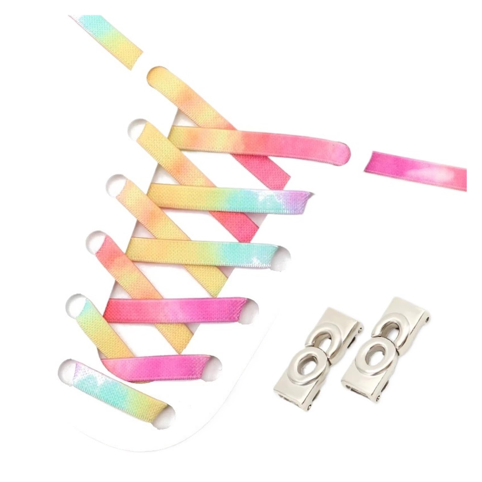 GPDNBIEU Shoelaces, Gradient Rainbow Shoelace Laces Metal Buckle Lock Shoelaces Without Ties Elastic Flat Sneakers(Tricolor Pink)