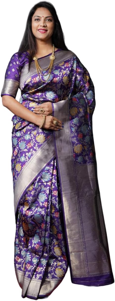 PT'ZFashion Women's Pure Silk Beautiful Banarasi Handloom Saree With Blouse (P-T-10015)